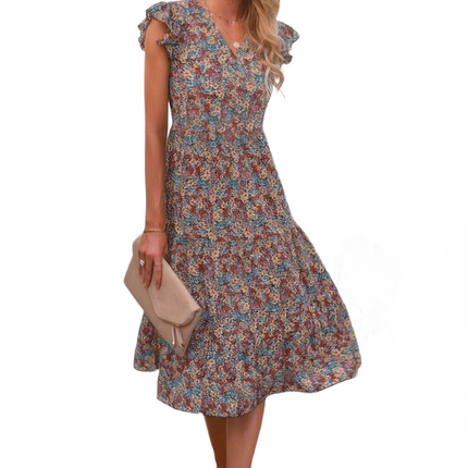 Womens Dresses Boho Floral V Neck Ruffle Sleeve A Line Midi Dress Casual Lightweight Basic Summer Sundress