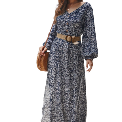 Womens Dresses Floral V Neck Long Sleeve Full Dress Casual Lightweight Basic Summer Sundress