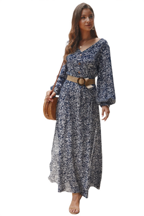 Womens Dresses Floral V Neck Long Sleeve Full Dress Casual Lightweight Basic Summer Sundress