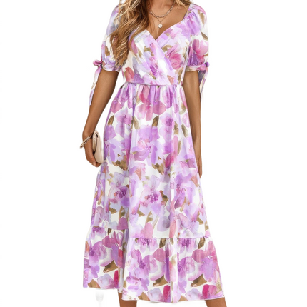 Womens Dresses Floral Paint Short Sleeve Tie Cuff Surplice Dress Casual Lightweight Basic Summer Sundress