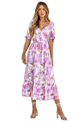 Womens Dresses Floral Paint Short Sleeve Tie Cuff Surplice Dress Casual Lightweight Basic Summer Sundress