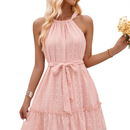 Womens Dresses Solid Halter Neck Sleeveless Waist Tie Ruffle Dress Casual Chic Lightweight Basic Summer Sundress