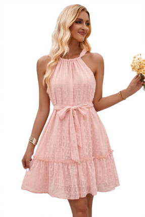 Womens Dresses Solid Halter Neck Sleeveless Waist Tie Ruffle Dress Casual Chic Lightweight Basic Summer Sundress