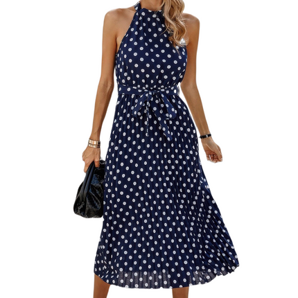 Womens Dresses Dot Print Open Shoulder Fit Knot Belt Dress Casual Chic Lightweight Basic Summer Sundress