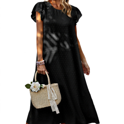 Womens Dresses Solid Swiss Dot Ruffle Hem Belt Midi Dress Casual Chic Lightweight Basic Summer Sundress