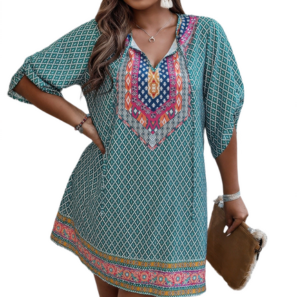 Womens Dresses Plus Size V Neck Printed Loose Fit Midi Dress Casual Chic Lightweight Summer Sundress