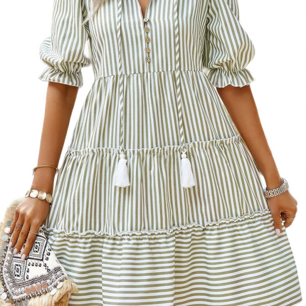 Womens Dresses Strip V Neck Button Puff Sleeves High Waist Dress Casual Chic Lightweight Basic Summer Sundress