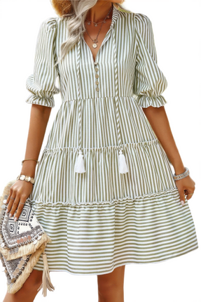 Womens Dresses Strip V Neck Button Puff Sleeves High Waist Dress Casual Chic Lightweight Basic Summer Sundress
