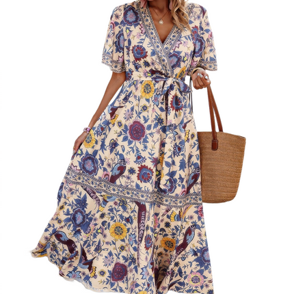 Womens Dresses Floral Print Lace Trim Cross Belt A Line Dress Casual Chic Lightweight Basic Summer Sundress
