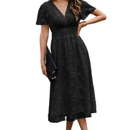 Womens Dresses Deep V Ruched Elastic Belt Smocked Midi Dress Casual Chic Lightweight Basic Summer Sundress