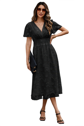 Womens Dresses Deep V Ruched Elastic Belt Smocked Midi Dress Casual Chic Lightweight Basic Summer Sundress