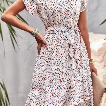 Womens Dresses Summer Sundress Floral Round Neck Slim Tiered A Line Ruffle Dress