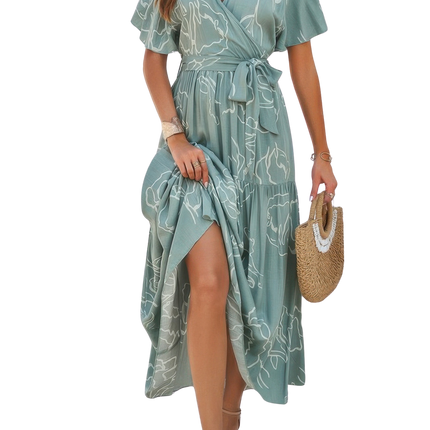 Womens Summer Lightweight Sundress Allover Print V Neck Fit Belt A Line Long Dress