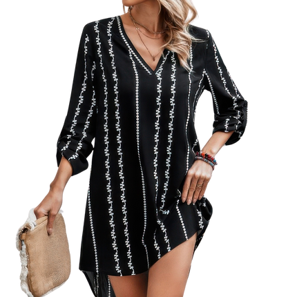 Women Dresses Striped Print Roll Tab Sleeve Tunic Loose Casual Chic Lightweight Basic Summer Sundress