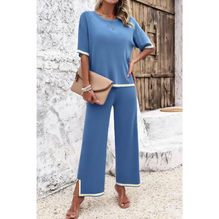 Women's Summer Fashion Outfits Two Pieces Outfits Knit Short Sleeve Wide Leg pants Loun