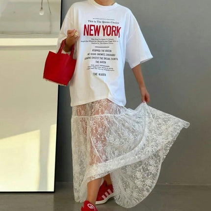Women's Floral Lace Sheer Maxi Skirts High Waist See Through Long Skirt