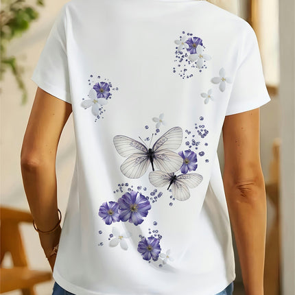 Butterfly Graphic Crew Neck Loose Fit Short Sleeve Tee Women's T-Shirt for Outdoor Activities