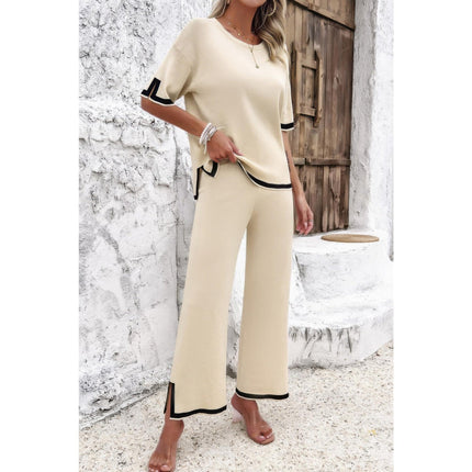 Women's Summer Fashion Outfits Two Pieces Outfits Knit Short Sleeve Wide Leg pants Loun