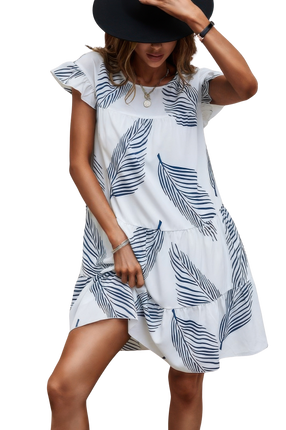 Womens Dresses Rew Neck Leaf Print Ruffle Sleeves A Line Sundress Midi Casual Chic Lightweight Basic Summer Sundress