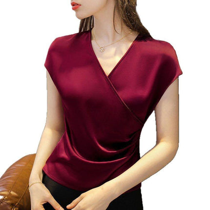 Summer New Short Sleeve V-Neck Top Women's Short T-Shirt Loose Acetate Satin Base Shirt Fashionable and Stylish