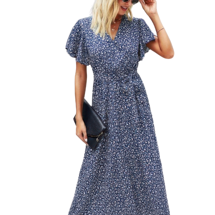 Womens Dresses V Neck Blue Floral Short Sleeve Flowing Long Dress Casual Chic Lightweight Basic Summer Sundress