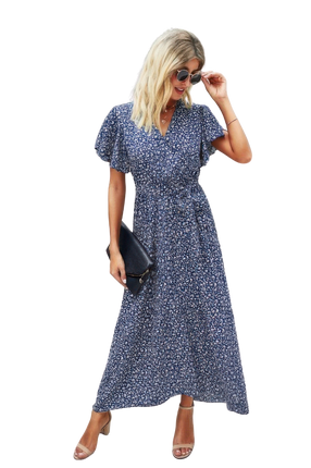 Womens Dresses V Neck Blue Floral Short Sleeve Flowing Long Dress Casual Chic Lightweight Basic Summer Sundress