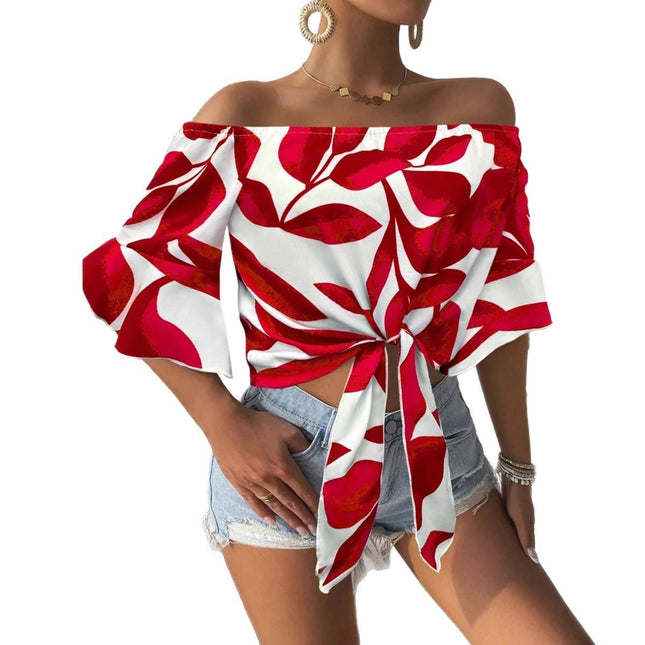 Women's Floral Off Shoulder Blouse Boho Shirt Ruffle Half Bell Sleeve Blouses Shirred Vacation Beach Shirt