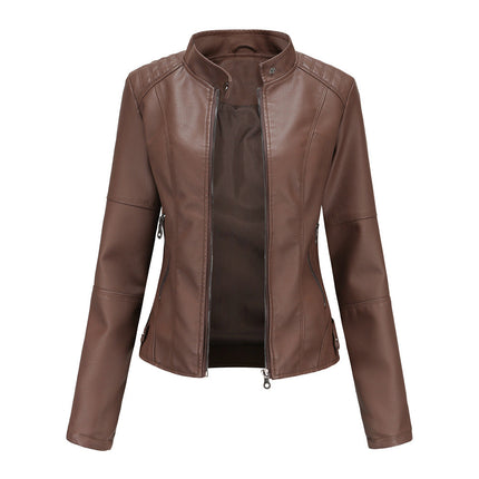 N767 women's Coffee Brown faux leather moto jacket – original supplier main image 3
