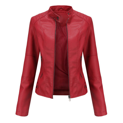 N767 women's Burgundy faux leather moto jacket – original supplier main image 7
