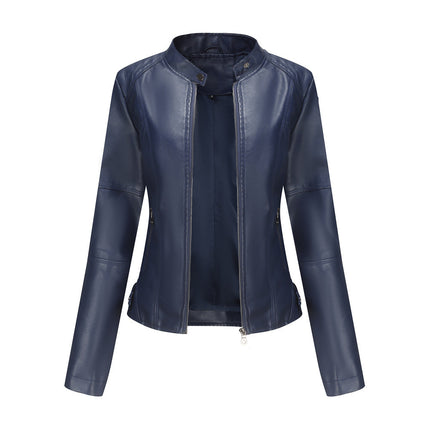 N767 women's Navy Blue faux leather moto jacket – original supplier main image 8