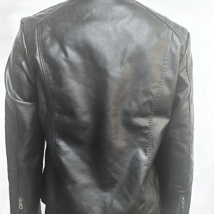 Back view of a black women's stand collar zip-up faux leather jacket