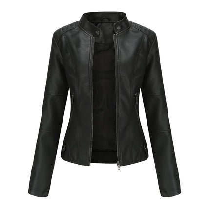 Black women's stand collar faux leather motorcycle jacket, front product view