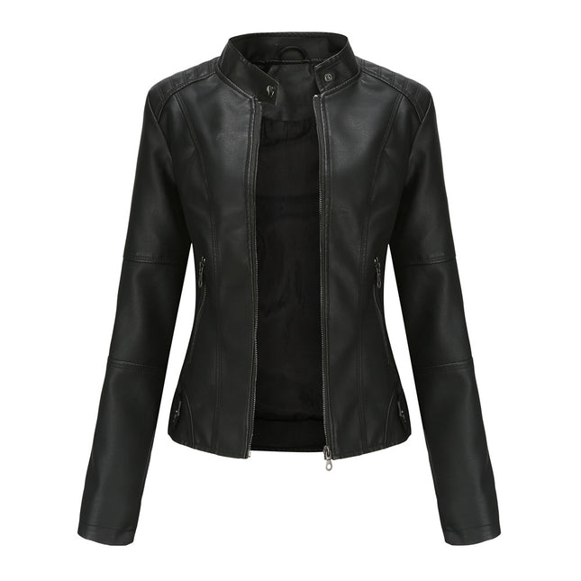 Black women's stand collar faux leather motorcycle jacket, front product view