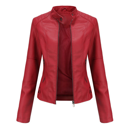 Burgundy women's stand collar faux leather motorcycle jacket, front product view