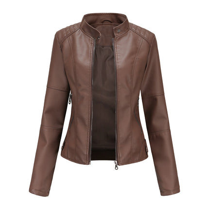 Coffee Brown women's stand collar faux leather motorcycle jacket, front product view
