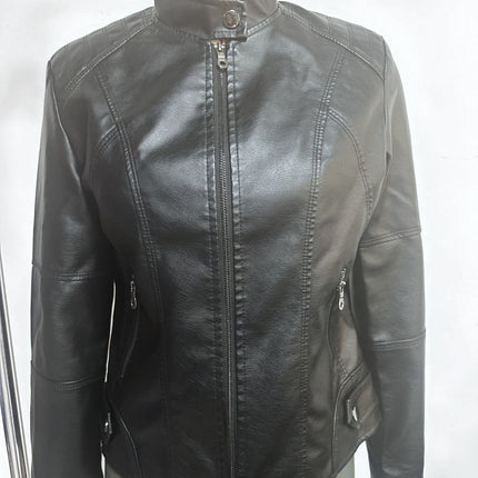 Black faux leather moto jacket close-up showing stand collar, zipper and seam details