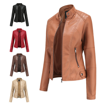 Women's faux leather stand collar moto jacket in multiple color options