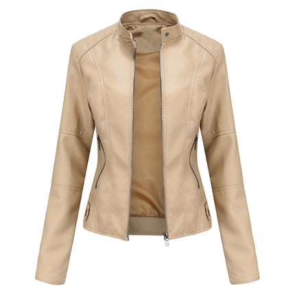 Khaki women's stand collar faux leather motorcycle jacket, front product view