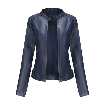 Navy Blue women's stand collar faux leather motorcycle jacket, front product view
