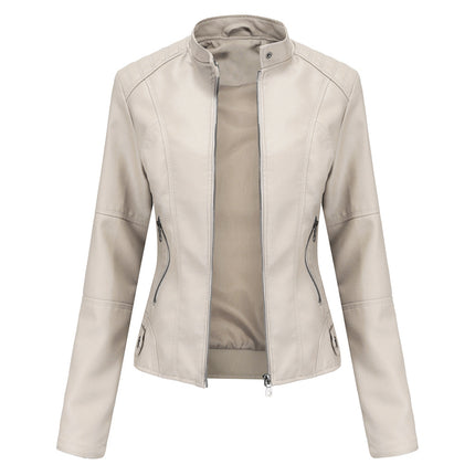 Off-White women's stand collar faux leather motorcycle jacket, front product view
