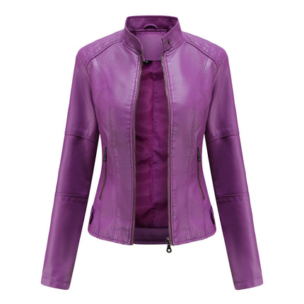 Purple women's stand collar faux leather motorcycle jacket, front product view