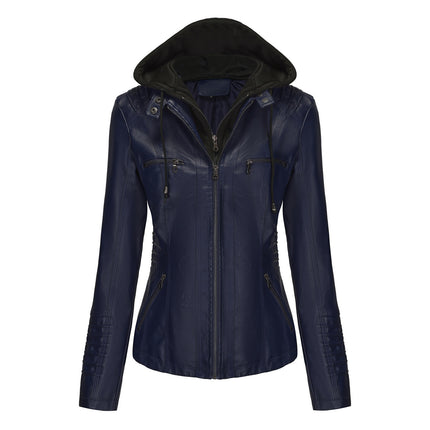 Women's Faux Leather Jacket with Detachable Hood Motorcycle Biker Jacket Full Zipper Pleated Casual Warm Jacket