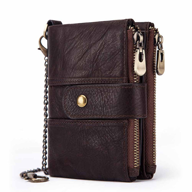 Men's Leather Wallet with Anti-theft Chain, Large Capacity Double Zipper Wallet, Casual Coin Purse, Card and ID Bag