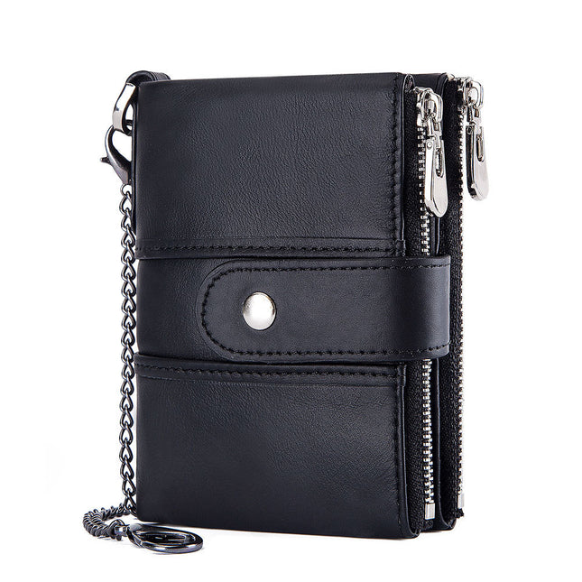 Men's Leather Wallet with Anti-theft Chain, Large Capacity Double Zipper Wallet, Casual Coin Purse, Card and ID Bag