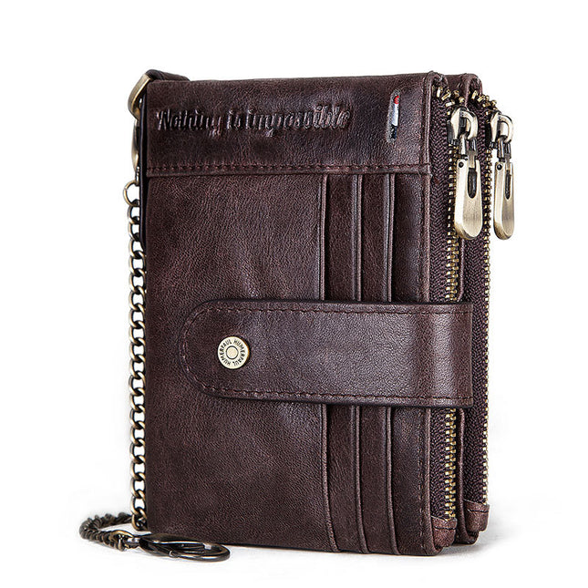 Men's Wallet with Chain, Leather Wallet, Double Zipper Coin Pocket with Anti-theft Chain, Business Card Card Case