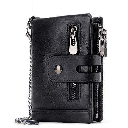 Portefeuille à chaîne unisexe, portefeuille court en cuir pour hommes avec poche à monnaie multi-fermeture RFID avec chaîne antivol et poche à monnaie