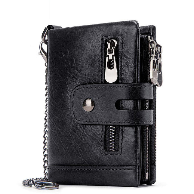Unisex Chained Wallet Men's Short Leather Wallet with RFID Multi Zipper Coin Pocket with Anti-theft Chain and Coin Pocket