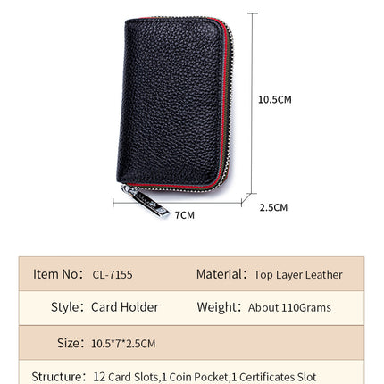 Card Holder Credit Card Holder, Genuine Leather Men's and Women's Zipper Organizer Small Wallet, Anti-theft Brush Security Coin Purse