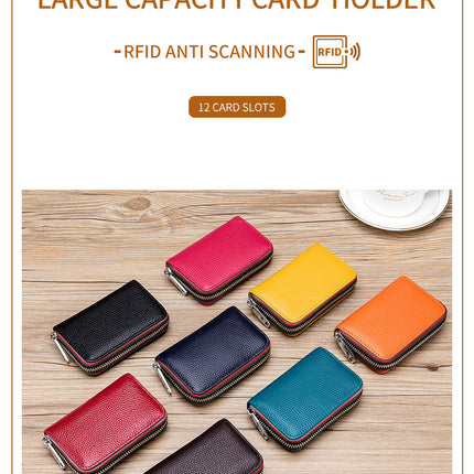 Card Holder Credit Card Holder, Genuine Leather Men's and Women's Zipper Organizer Small Wallet, Anti-theft Brush Security Coin Purse