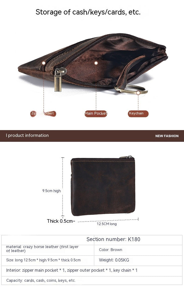 Crazy Horse Leather Short Small Wallet Card Case,Cowhide Zipper Coin Cash Organizer,Genuine Leather Vintage Coin Purse